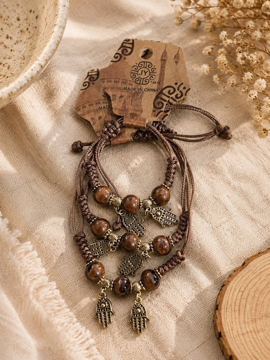Jewelry - Three Handmade Brown Beaded Hamsa